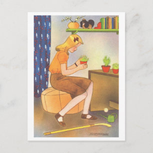 Vintage Illustration of Girl with Potted Plant Postcard