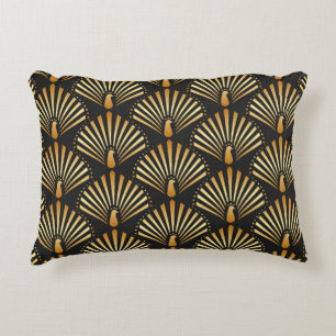 vintage illustration of golden peacock in black ba accent pillow