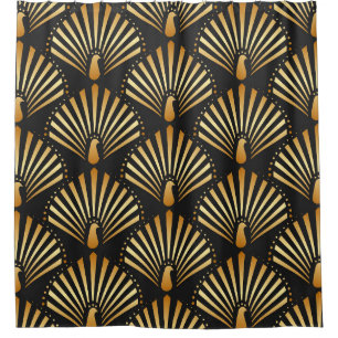 vintage illustration of golden peacock in black ba shower curtain