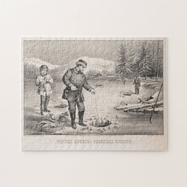 Vintage Illustration of Ice Fishing (1872) Jigsaw Puzzle (Horizontal)