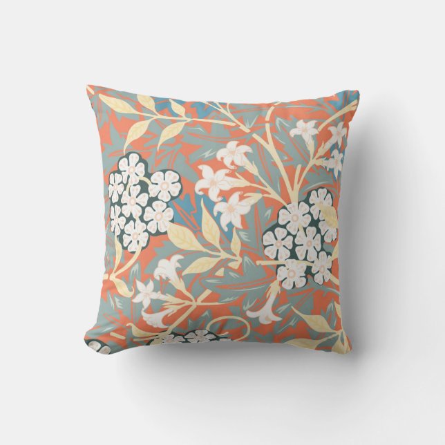 Vintage illustration of Jasmine blue/beige Throw Pillow (Front)