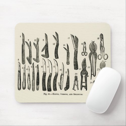 Vintage illustration of knives scissors secateur mouse pad