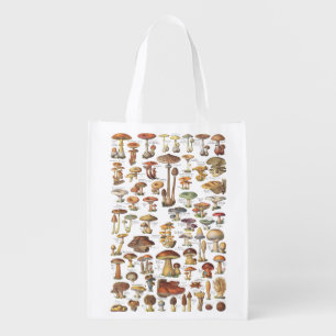Vintage illustration of mushrooms reusable grocery bag