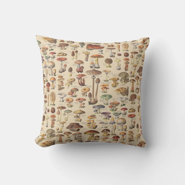 Vintage illustration of mushrooms throw pillow (Front)