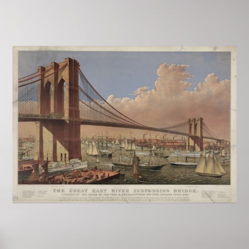 Vintage Illustration of the Brooklyn Bridge 1877 Poster