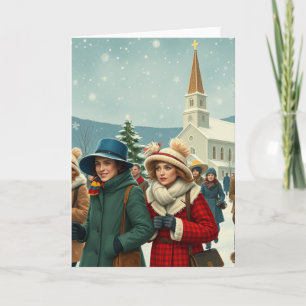 Vintage Illustration People leaving Church Winter Card