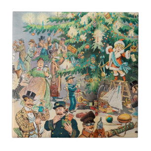 Vintage Illustration Puck's Christmas Tree, 1902 Ceramic Tile