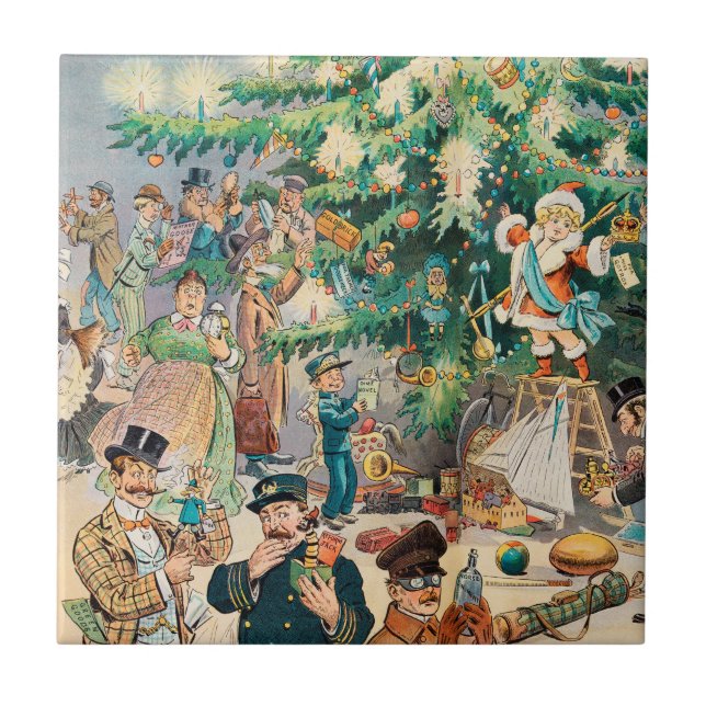 Vintage Illustration Puck's Christmas Tree, 1902 Ceramic Tile (Front)