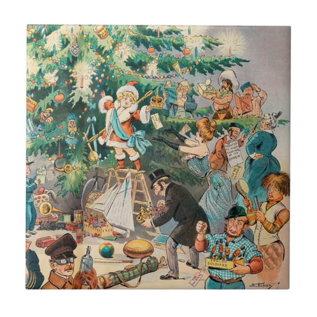 Vintage Illustration Puck's Christmas Tree, 1902 Ceramic Tile (Front)