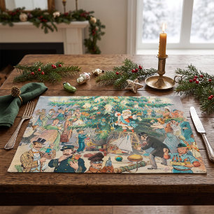 Vintage Illustration Puck's Christmas Tree, 1902 Cloth Placemat