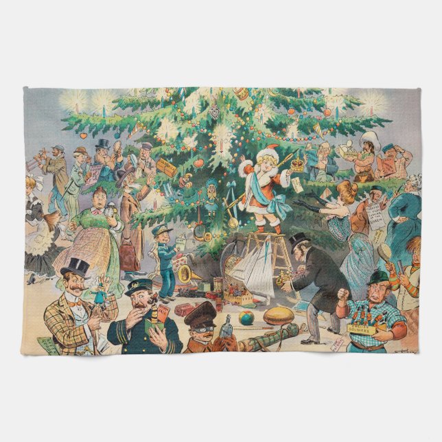 Vintage Illustration Puck's Christmas Tree, 1902 Kitchen Towel (Horizontal)