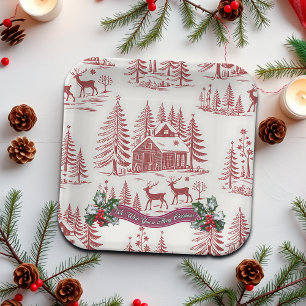 Vintage Illustration Reindeer and Houses Christmas Paper Plates
