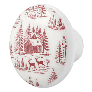 Vintage Illustration Reindeer and Houses Winter Ceramic Knob