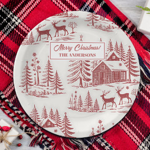 Vintage Illustration Reindeer and Houses Winter Paper Plates