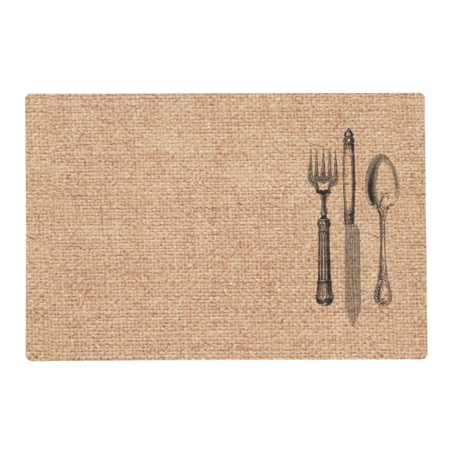 Vintage Illustration Silverware on Burlap Placemat (Front)