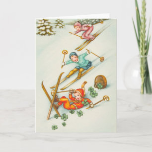 Vintage Illustration, Skiing Girls Holiday Card