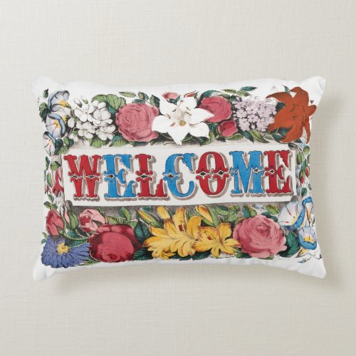 Vintage Illustration WELCOME with Flowers Accent Pillow