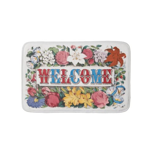 Vintage Illustration WELCOME with Flowers Bath Mat