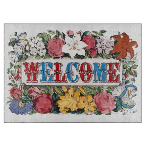 Vintage Illustration WELCOME with Flowers Cutting Board