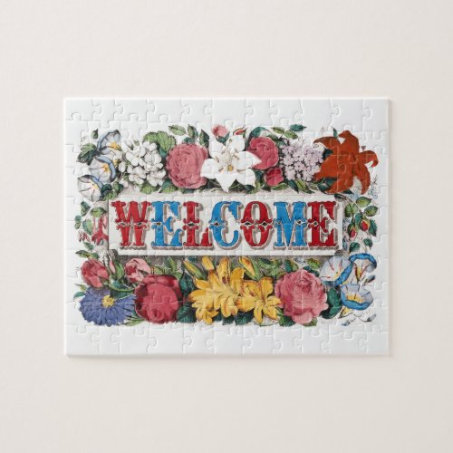 Vintage Illustration WELCOME with Flowers Jigsaw Puzzle