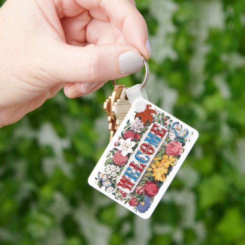 Vintage Illustration WELCOME with Flowers Keychain