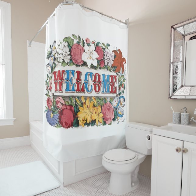 Vintage Illustration WELCOME with Flowers Shower Curtain (In Situ)