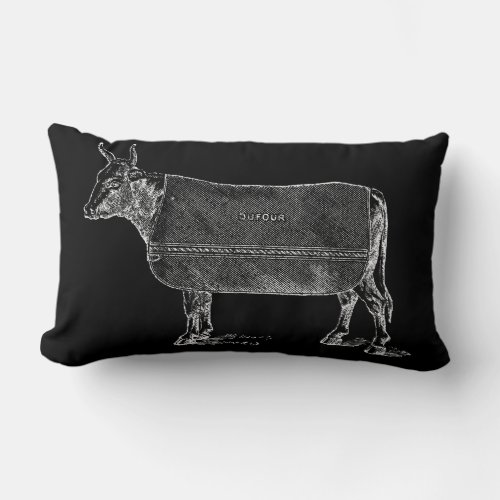 VINTAGE ILLUSTRATION White Cow Black Pillow