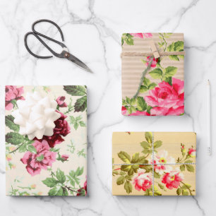 Vintage illustrations of roses on neutral base wrapping paper sheets