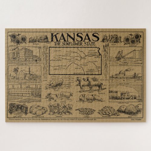 Vintage Illustrative Map of Kansas 1912 _ Tan Jigsaw Puzzle