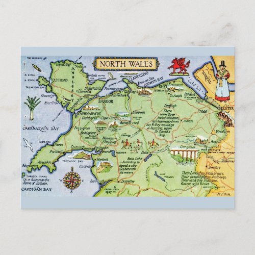 Vintage Ilustrated Map of North Wales Postcard