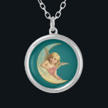 Vintage Image - Angel Sitting on a Crescent Moon Silver Plated Necklace<br><div class="desc">A sweet vintage drawing. A peaceful and kind looking child-like angel resting on the curve of a crescent moon on a dark green background.</div>