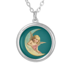 Vintage Image - Angel Sitting on a Crescent Moon Silver Plated Necklace