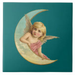 Vintage Image - Angel Sitting on a Crescent Moon Tile<br><div class="desc">A sweet vintage drawing. A peaceful and kind looking child-like angel resting on the curve of a crescent moon on a dark green background.</div>
