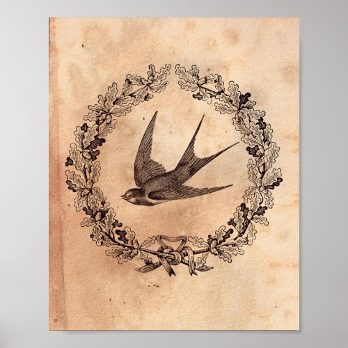 Vintage image Bird Swallow frame Tea Stained Paper Poster