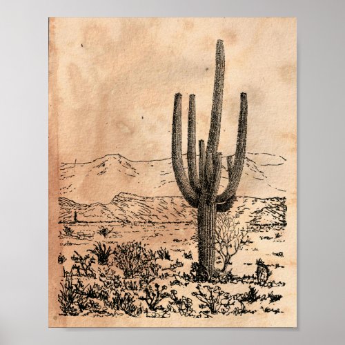 Vintage image Desert Cactus Tea Stained Paper Poster