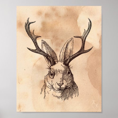 Vintage image Jackalope Rabbit Tea Stained Paper Poster