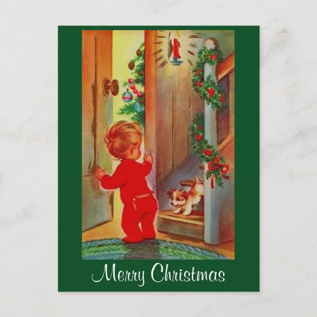 Vintage Image Little Boy & Dog Christmas Postcard (Front)