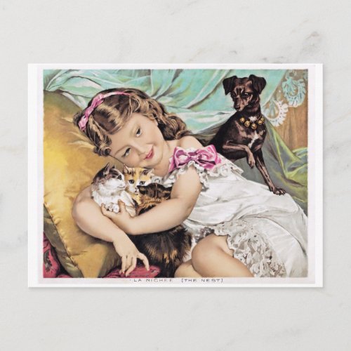 Vintage Image Little Girl Cuddling Kittens Postcard