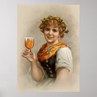 Vintage image of girl with a beer glass poster