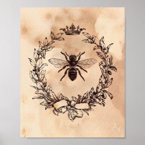 Vintage image Queen Bee Honeybee Tea Stained Paper Poster