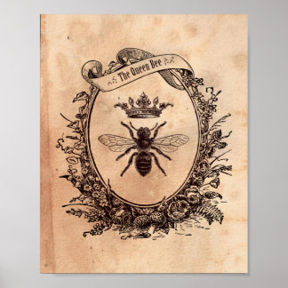 Vintage image Queen Bee Honeybee Tea Stained Paper Poster