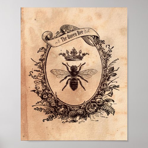 Vintage image Queen Bee Honeybee Tea Stained Paper Poster