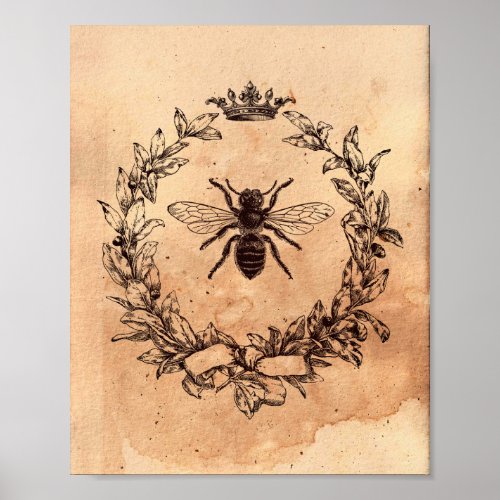 Vintage image Queen Bee Honeybee Tea Stained Paper Poster