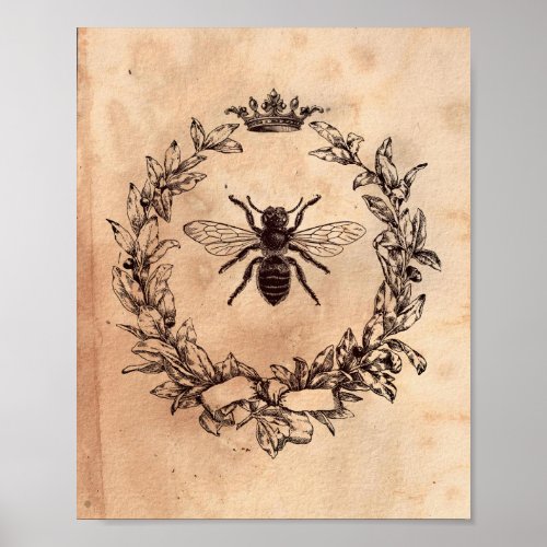 Vintage image Queen Bee Honeybee Tea Stained Paper Poster