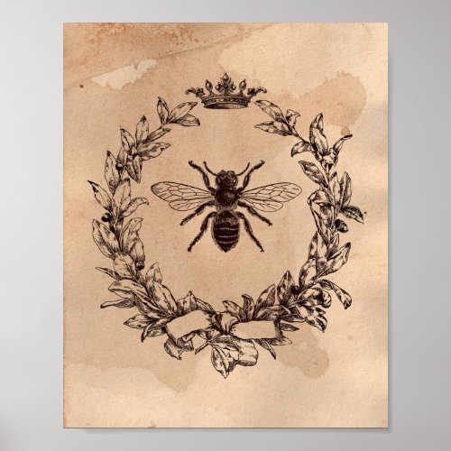 Vintage image Queen Bee Honeybee Tea Stained Paper Poster