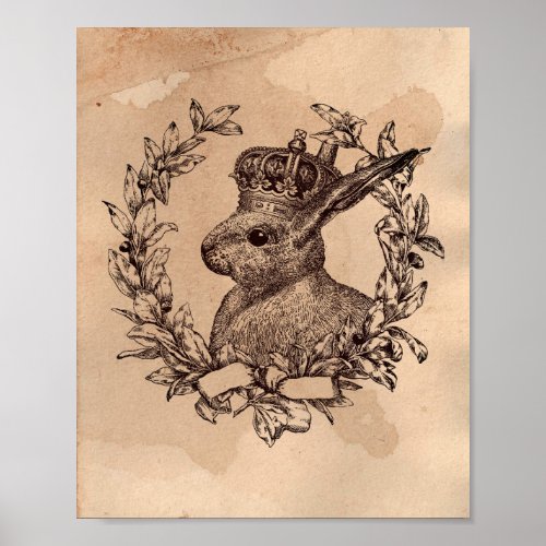Vintage image Rabbit in Wreath Tea Stained Paper Poster