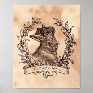 Vintage image Royal Rabbit Crown Tea Stained Paper Poster