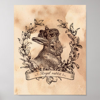 Vintage image Royal Rabbit Crown Tea Stained Paper Poster