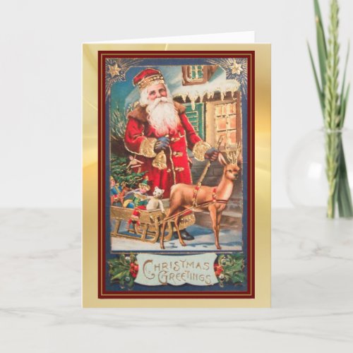 Vintage Image Santa with Deer Red Frame Christmas Card