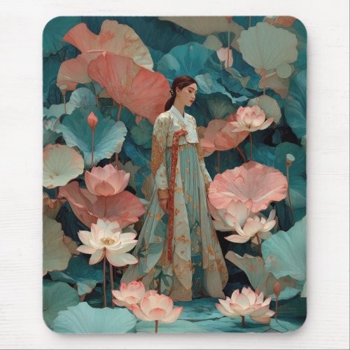 Vintage Impasto Hanbok and Pink Lotus Mouse Pad